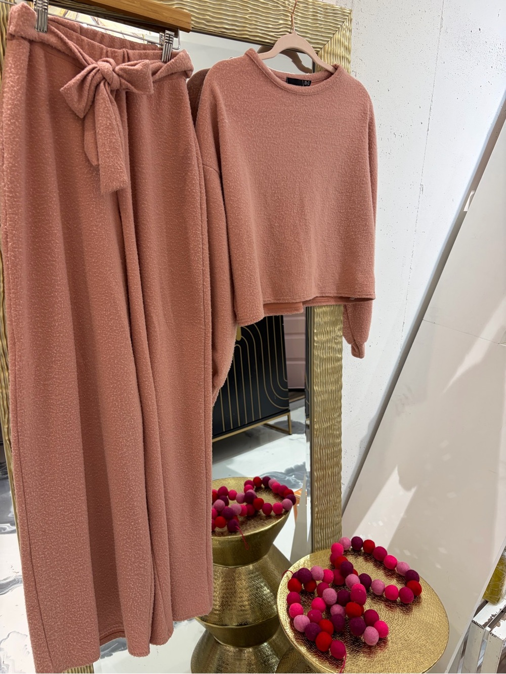 Nasty Gal Blush Pink Ribbed Wide-Leg Pants & Pullover Set